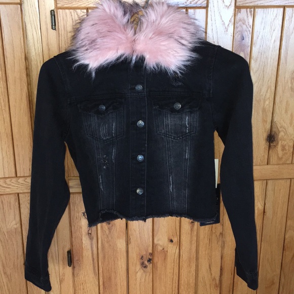 Denim Jacket Pink Faux Fur Collar 